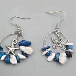 Blue and White Gemstone Chip Round Earrings