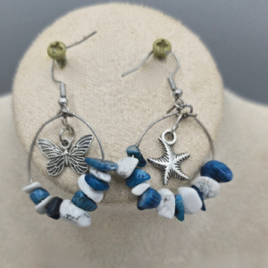 Blue and White Gemstone Chip Round Earrings